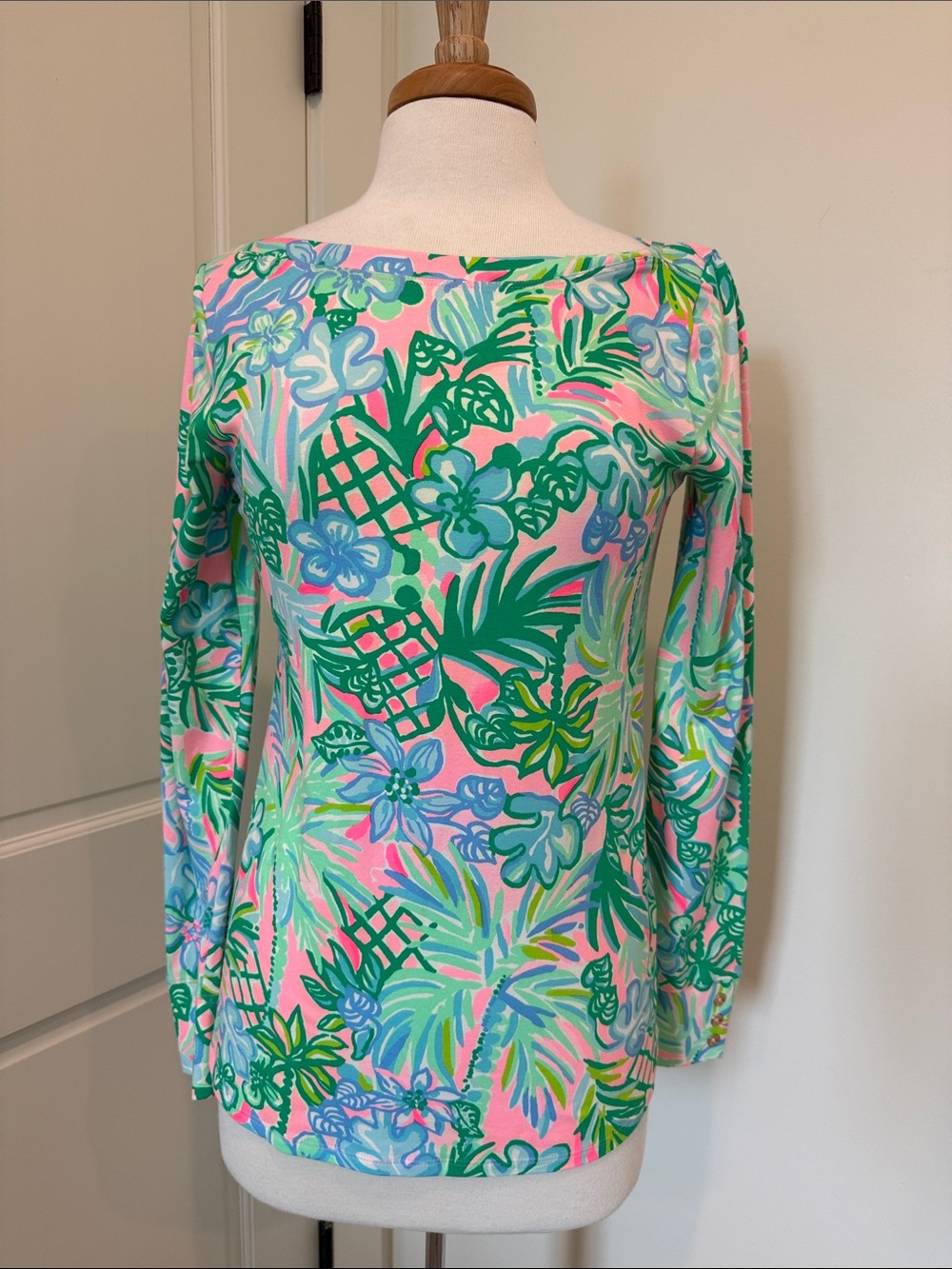 Lilly Pulitzer Pink & Green Tropical Boatneck Long Sleeve Top